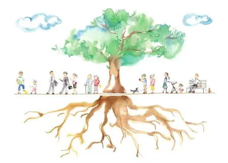 「根を養えば、樹は自ら育つ」　木と根のイラスト　ピープル・ビジネス理論構成要素「ツール」「システム」と「考え方」　「森を見て木を見ず」「木を見て森を見ず」だけでは不十分。複雑に絡み合った木の根っこまで見ることで根本原因が見え、物事をシンプルに捉えることができる